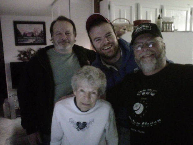 Stuart, Grandma Bell, Dad and me having a late night get-together in Doland.