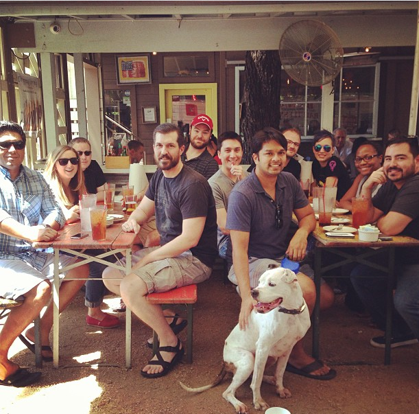 Eddie, Allison, Douwe, Josh, me, Phil, Sami, Patrick, Patrick's girlfriend, Shenea, and Brian, with dog Popeye. Natalie was the photographer.