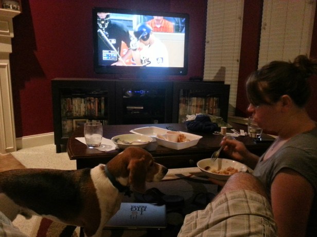 8:03pm - Dinner and the Twins/Brewers game on MLB.TV. Now now, beagle, human food is for humans.