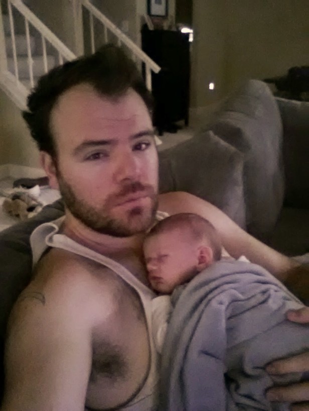 Johnny and me this morning after a night of sporadic sleep. He's finally getting some rest; I'm obviously still in dire need.