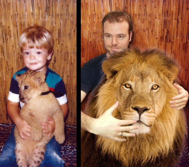 I took a different approach with this timeless photo of me with a lion (ca. 1985) from the Huron Mall and just showed the modern-day reunion. The idea was that it would be intentionally crudely Photoshopped.