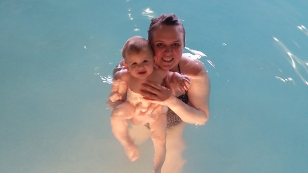 Johnny's first swim! It takes place in the luxurious Davenport Hampton Inn pool.