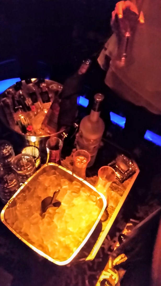 A sampling of what a $1000 bottle service gets you... your own bottle of liquor, some mixers, water, a bunch of ice, and a scantily-dressed bartender (not pictured).