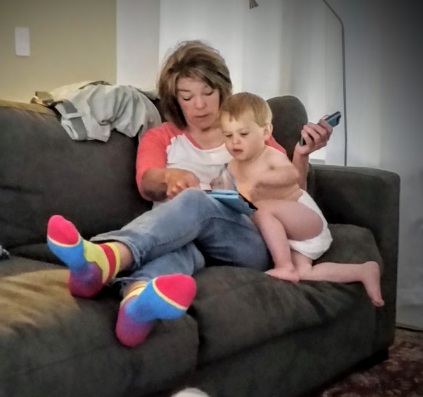 Johnny and Grandma get to know one another over some Elmo.