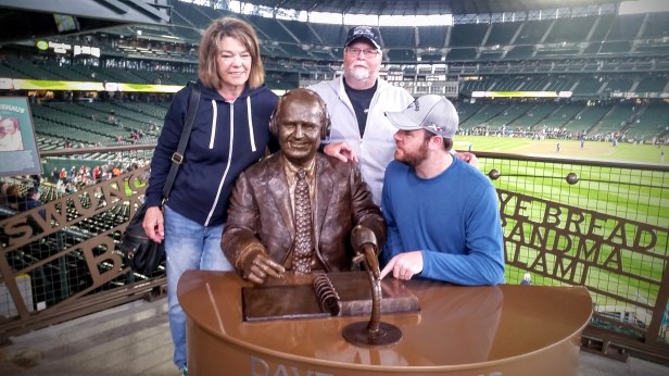 Mom, Dad, Dave Niehaus's statue, and me.